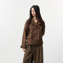 Set for life 25SS定制斜纹可调节腰袖双排扣短宽战壕风衣夹克