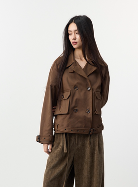 Set for life 25SS定制斜纹可调节腰袖双排扣短宽战壕风衣夹克