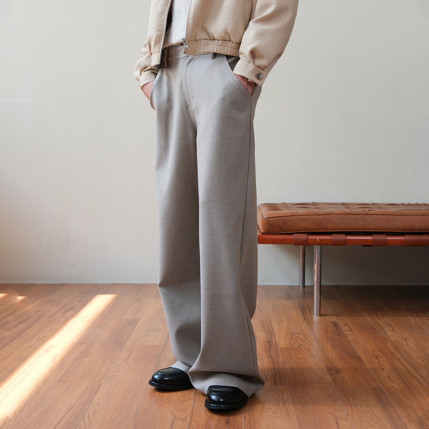 Set for life 25FW TR混纺标识缝线阔腿直筒西裤