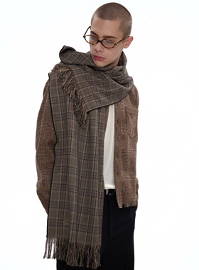 Set for life 23AW纪念单品薄款法兰绒混纺格纹流苏装饰围巾围脖