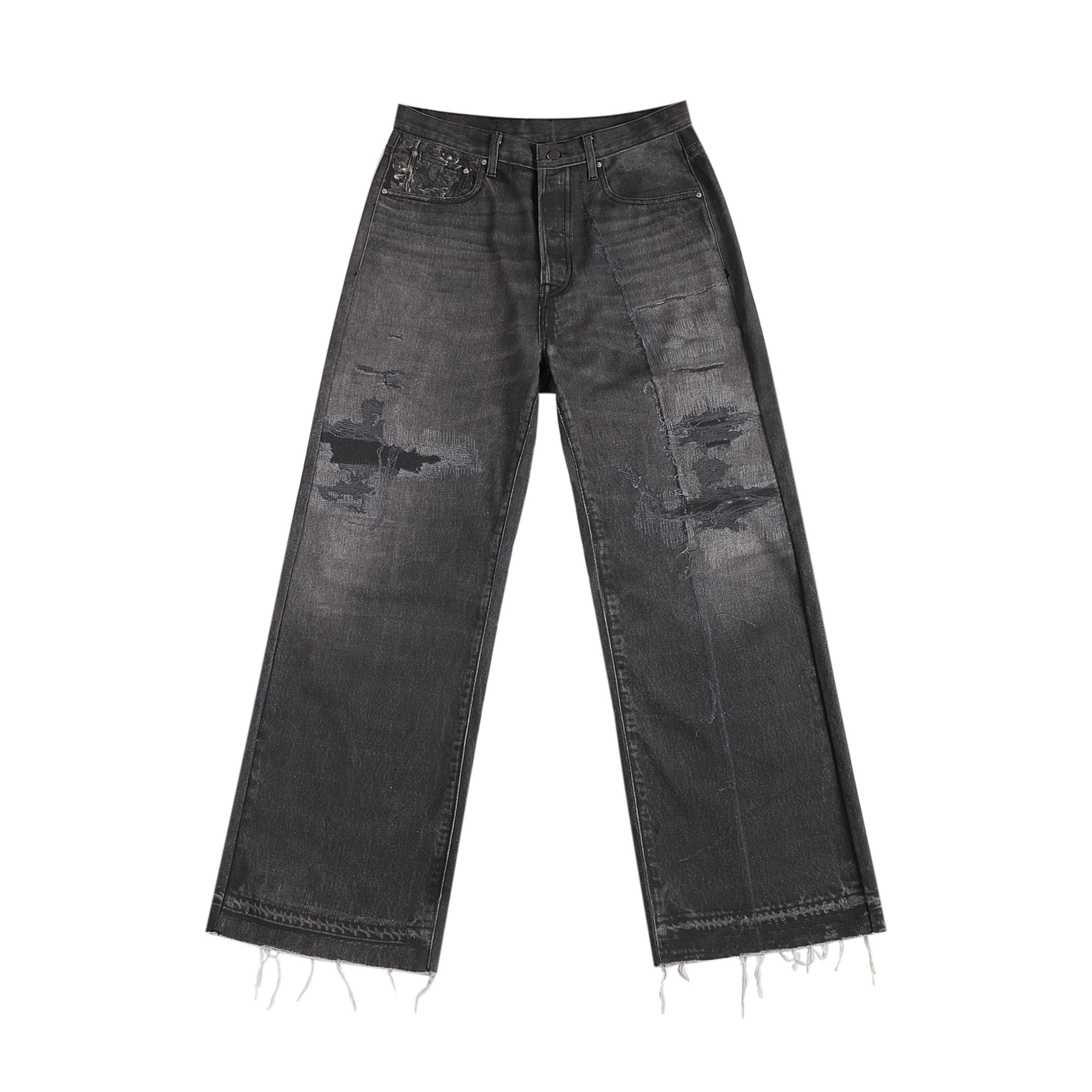 Set for life 24FW数码印花毛边做旧破坏复古boro直筒牛仔裤