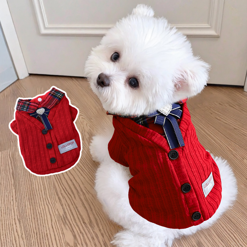 狗狗秋冬衣服小型犬冬天保暖加厚加绒冬装比熊幼犬红色英伦风棉服