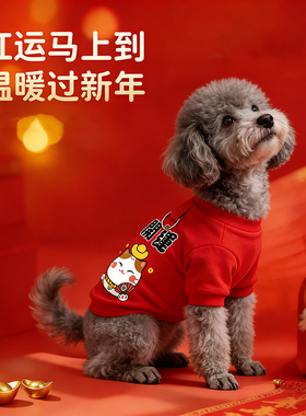 狗狗新年衣服泰迪冬天厚款过年红色喜庆可牵引马年开运棉衣拜年服