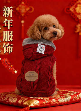 狗狗新年衣服冬天红色喜庆拜年比熊西高地防掉毛厚款加绒连帽卫衣