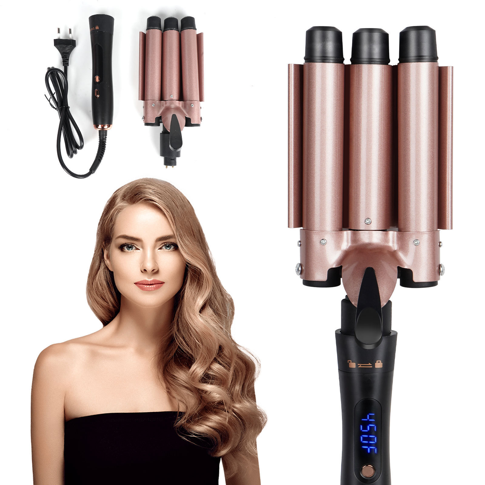 跨境新款卷发棒水波纹蛋卷棒大波浪夹板卷发器25mm大卷三管电卷棒