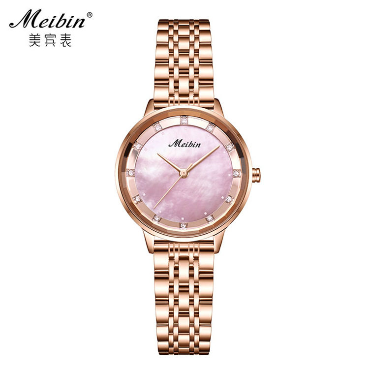 meibin美宾女表直播热卖爆款时尚玫瑰粉女款石英手表直播潮流腕表