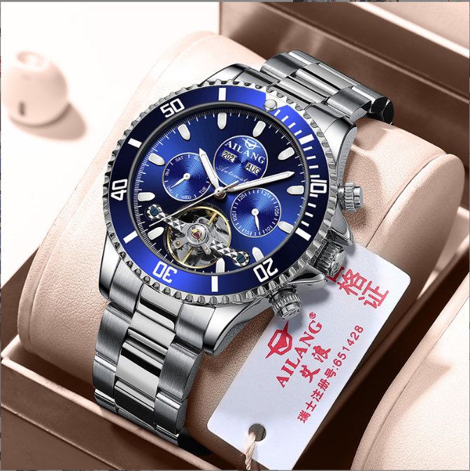 全自动陀飞轮机械表艾浪男士手表绿大表盘镂空防水夜光休闲腕表