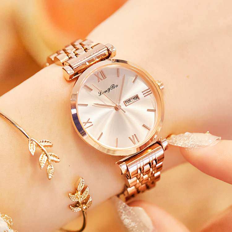 龙波新品女腕表韩版石英手表休闲简约双历三针实心钢带