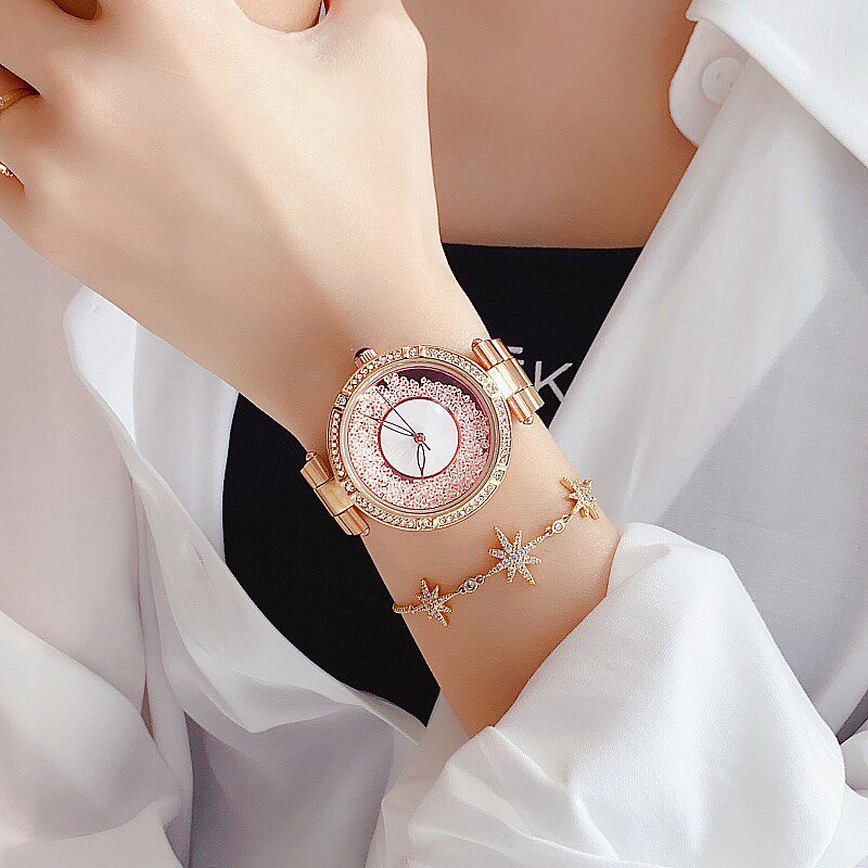 诗高迪时尚玫瑰金色钻面不锈钢表带沙钻防水女士满钻气质韩版腕表