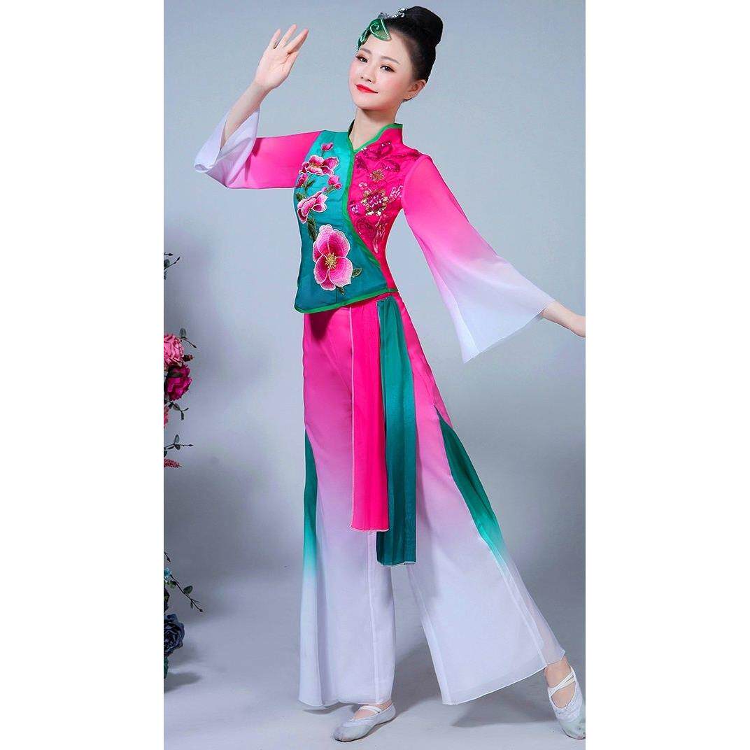 新款2023古典秧歌服腰鼓服扇子舞民族中老年飘逸舞蹈演出舞台服装