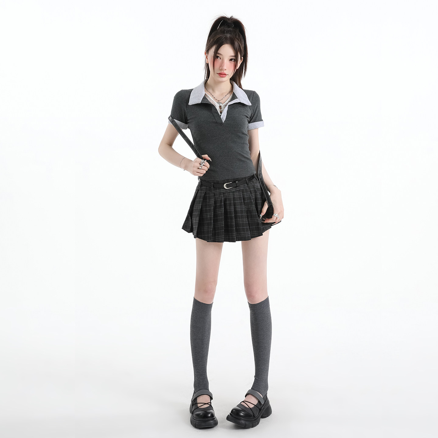 夏季新款韩系学院风灰色格纹百褶连衣裙翻领女高腰显瘦短裙上衣女