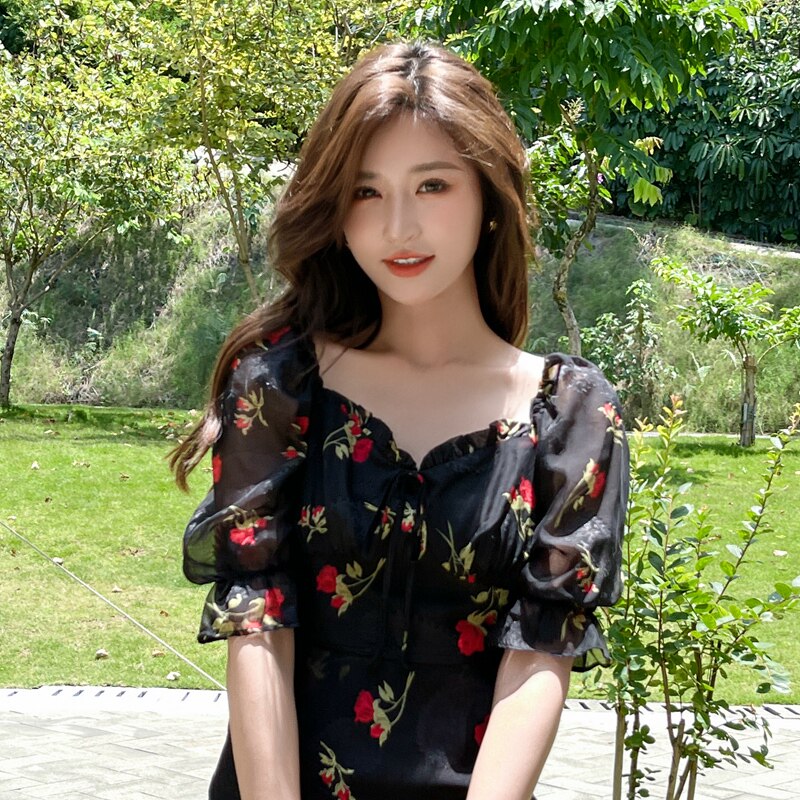 港味复古chic高级气质名媛风甜美蝴蝶结碎花雪纺连衣裙子女夏天