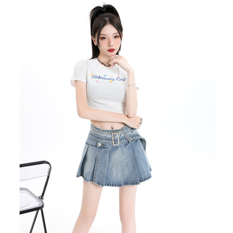 Y2K美式甜辣妹A字复古蓝百褶牛仔高腰显瘦腰带短裙女半身裙裤子