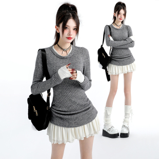 原创秋冬辣妹气质韩系学院长袖百褶小个子收腰针织连衣裙短裙女装