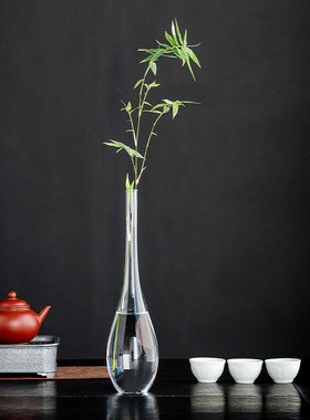 鹤首玻璃花插 日式禅意透亮玻璃花器 玉净瓶花入空间茶室家居摆件