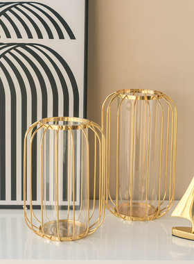 轻奢铁艺玻璃餐桌桌面摆件家居灯笼花瓶客厅样板间电镀水培玫瑰金