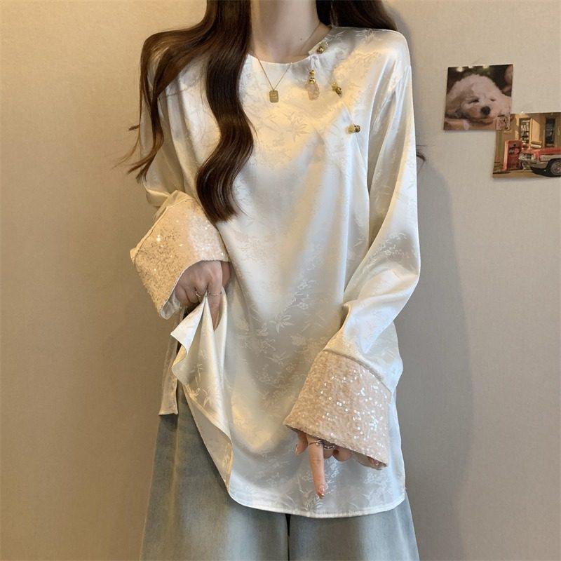新中式国风醋酸提花缎面衬衫女早春季大尺码胖mm唐装中长版亮片上,女装/女士精品,衬衫,淘宝优惠券,粉丝福利购,淘宝优惠卷