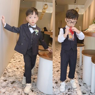 男童黑色条纹小西装儿童礼服马甲三件套2024新款英伦花童西服套装