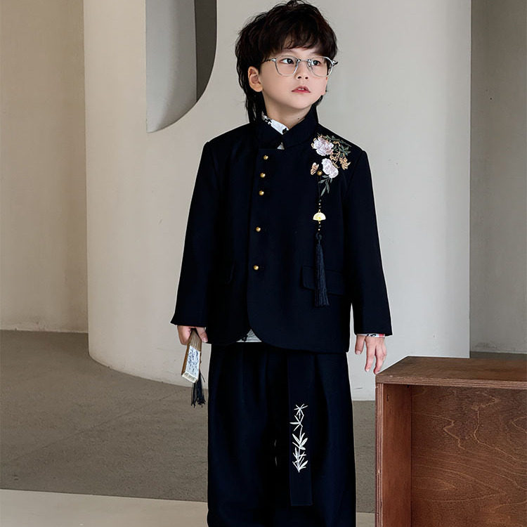 男童2026春秋新款桃花刺绣小西服儿童西装套装童装潮
