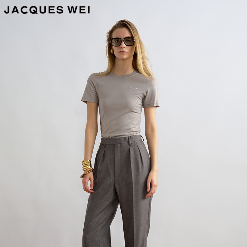 JACQUES WEI 2025夏季新款简约休闲体恤衫灰色刺绣logo打底T恤女