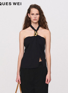 JACQUES WEI 设计师2024SS春夏新款黑色黄铜扣挂脖上衣薄纱吊带