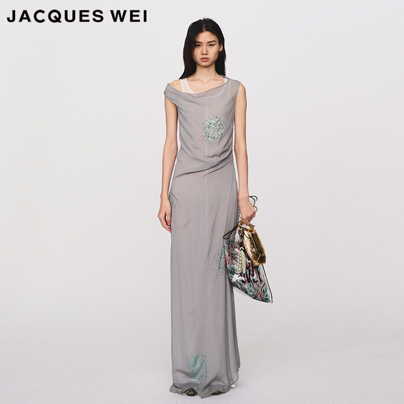 JACQUESWEI浅灰抽褶烫钻长裙