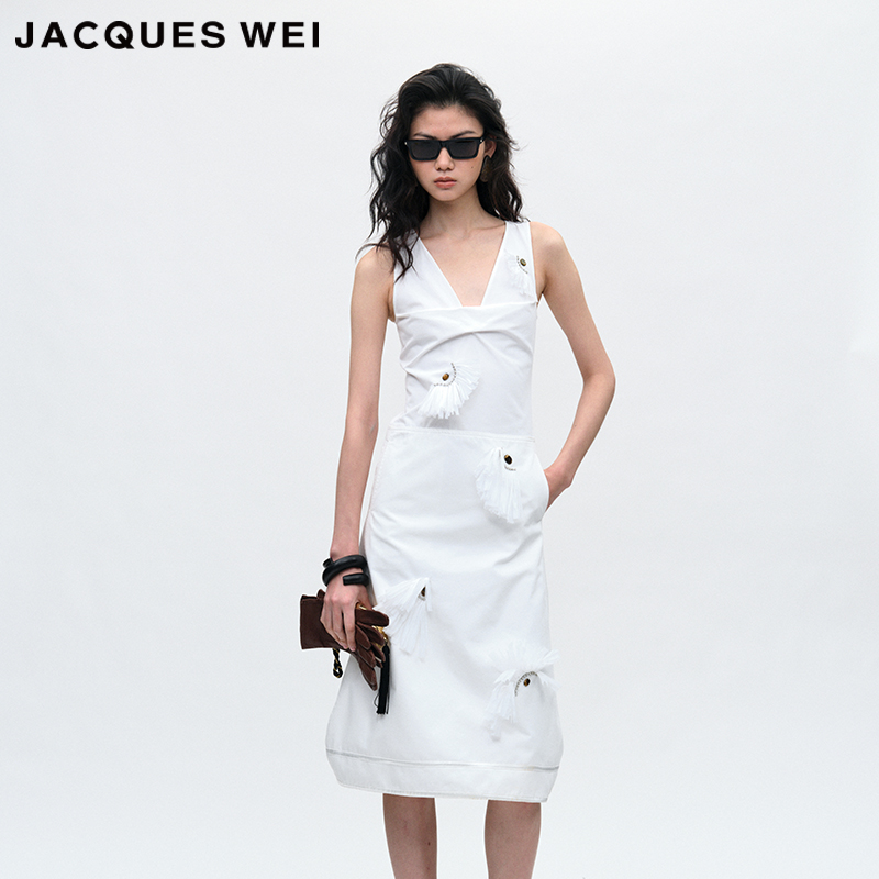 JACQUESWEI白色拉菲草连衣裙