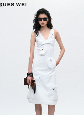 JACQUES WEI 夏季新款2025白色拉菲草刺绣连衣裙子修身复古气质女