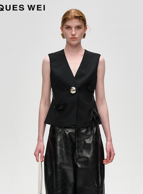JACQUES WEI 设计师官方店2024AW秋冬新款黑色手工缝花一粒扣马甲