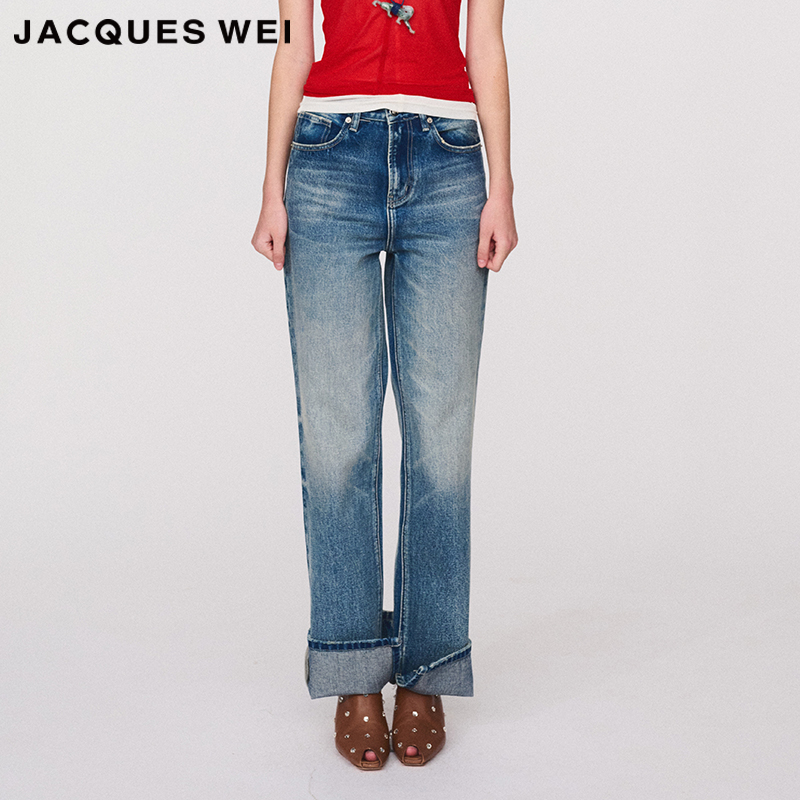 JACQUES WEI 设计师官方店2024SS春夏新款深蓝色直筒牛仔裤