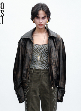 JACQUES WEI 2025年秋冬复古做旧擦色短款真皮夹克女机车皮衣外套