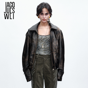 真皮夹克女机车皮衣外套 2025年秋冬复古做旧擦色短款 JACQUES WEI