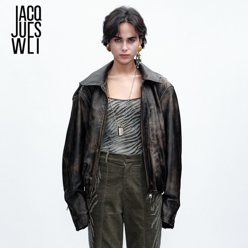 JACQUESWEI复古做旧皮衣夹克女