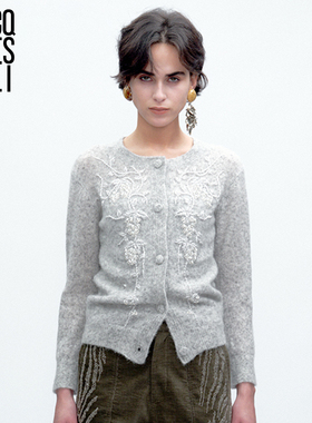 JACQUES WEI 2025新款秋冬手工花卉串珠针织灰色毛衣开衫外套女士