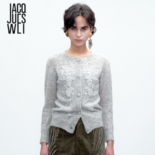 秋冬手工花卉串珠针织灰色毛衣开衫 2025新款 外套女士 WEI JACQUES