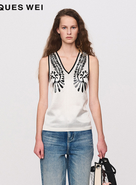 JACQUES WEI 设计师官方店2024SS春夏新白色光泽感v领胶印背心