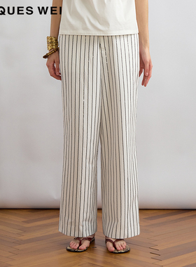JACQUES WEI 2025夏季新款PF银标系列白色亮片条纹直筒休闲长裤女