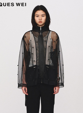 【虞书欣同款】JACQUES WEI设计师2024SS黑色薄纱钉珠设计感外套