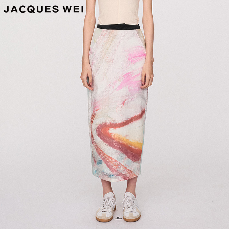 JACQUES WEI 设计师官方店2024SS春夏新款醋酸缎艺术家印花半裙