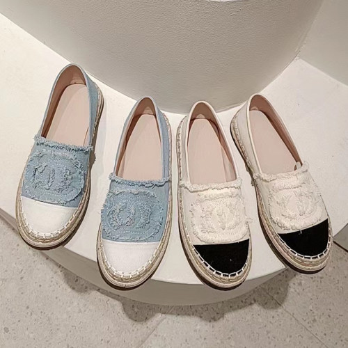 小香风新款帆布亚麻草编乐福鞋