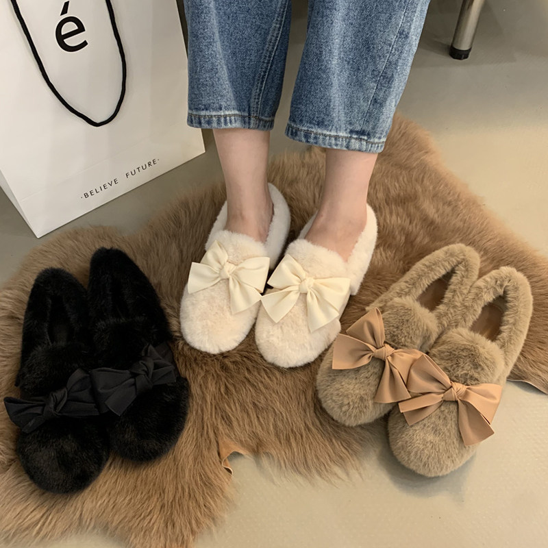 懒人一脚蹬厚底毛毛鞋女外穿2025年新款蝴蝶结豆豆鞋女冬加绒棉鞋,女鞋,乐福鞋（豆豆鞋）,淘宝优惠券,粉丝福利购,淘宝优惠卷