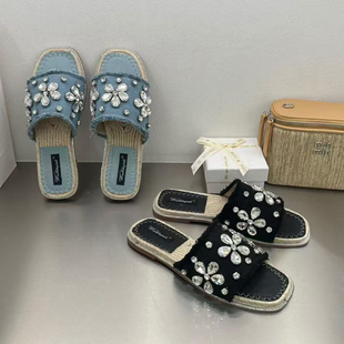 软底沙滩休闲一字拖渔夫鞋 新款 女外穿2026夏季 草编水钻平底凉拖鞋