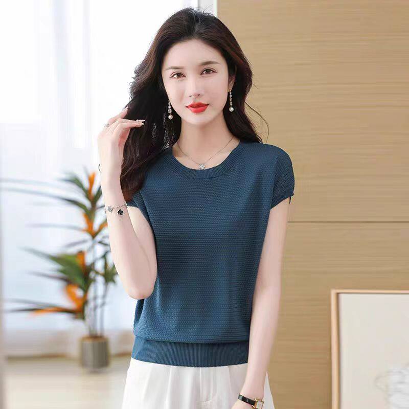 2026 Summer New Round-Neck Short-Sleeve T-Shirt for Women, Trendy and High-End Thin Ice Silk Knitted Batwing Top