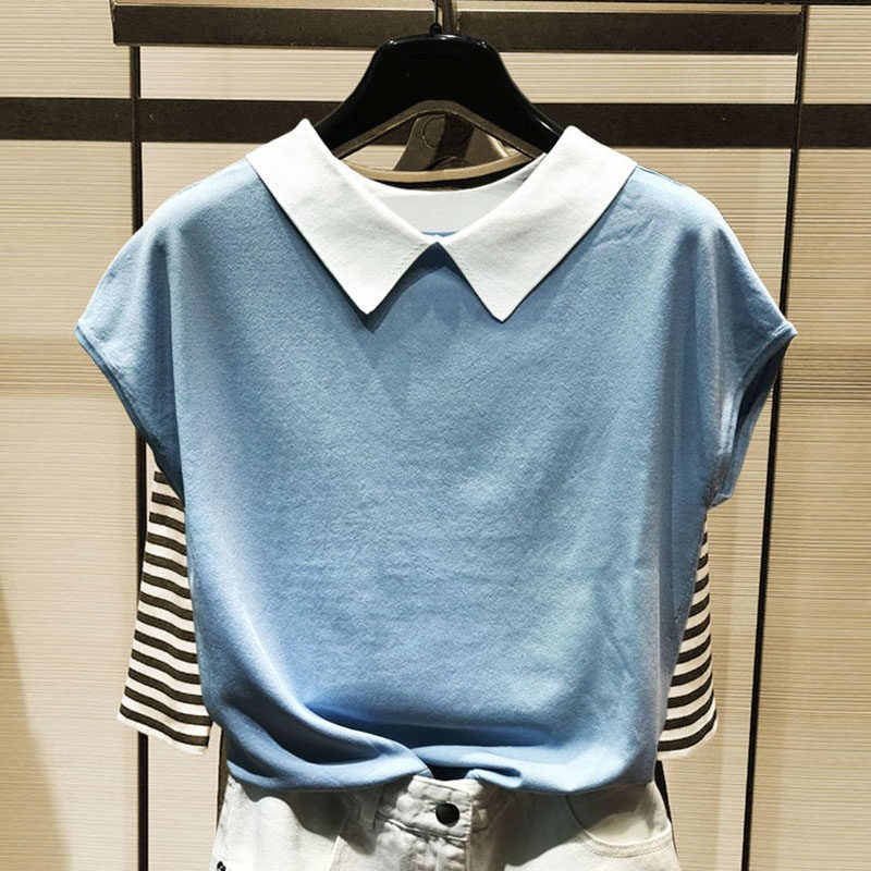 阿瑪施旗舰店官网女装娃娃领短袖t恤2020夏正反两面穿冰丝针织衫