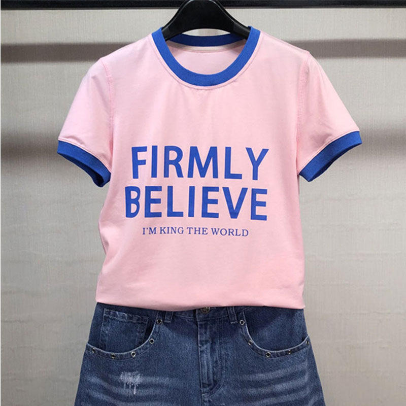 阿瑪施旗舰店官网2020夏装新款百搭粉色印花短袖T恤女装字母上衣