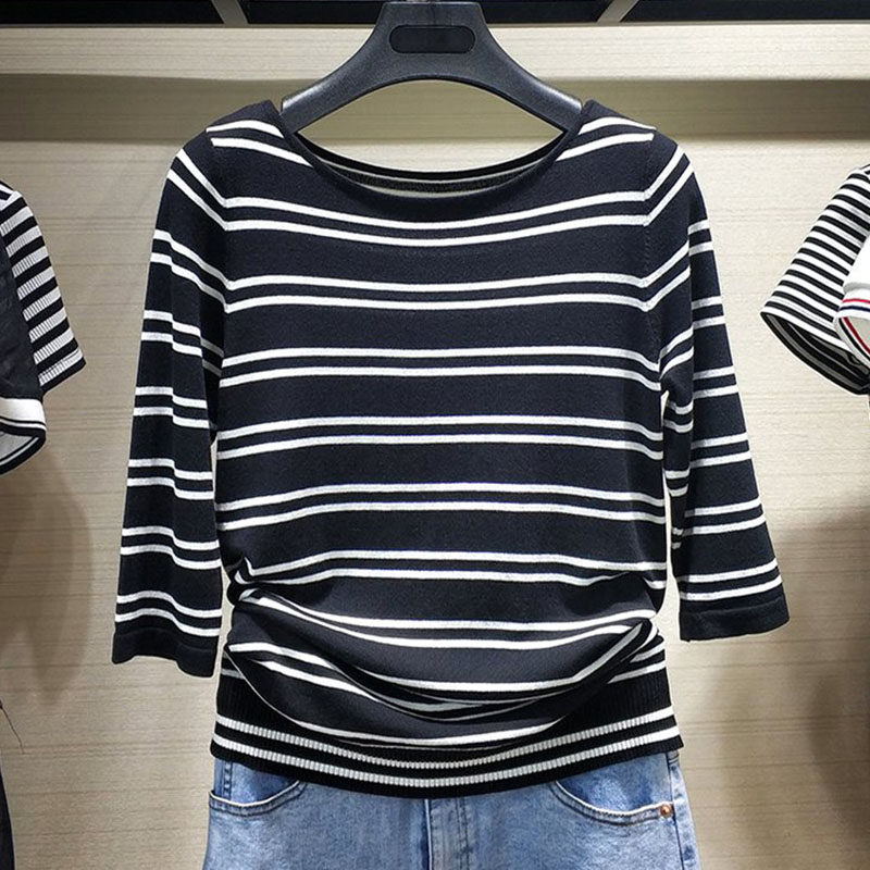 阿瑪施旗舰店官网女装套头针织衫2020春夏装新款条纹七分袖T恤女
