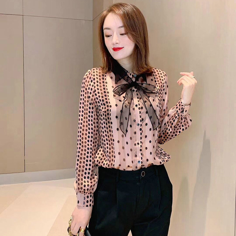 阿瑪施女装旗舰店官网2020早秋款时尚修身欧根纱衬衫圆点雪纺衬衣