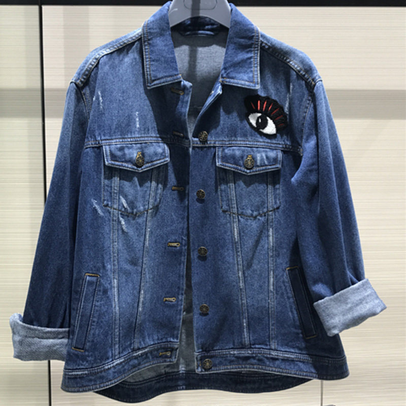 阿瑪施旗舰店官网2020秋季新款百搭卡通刺绣手指牛仔长袖外套女装