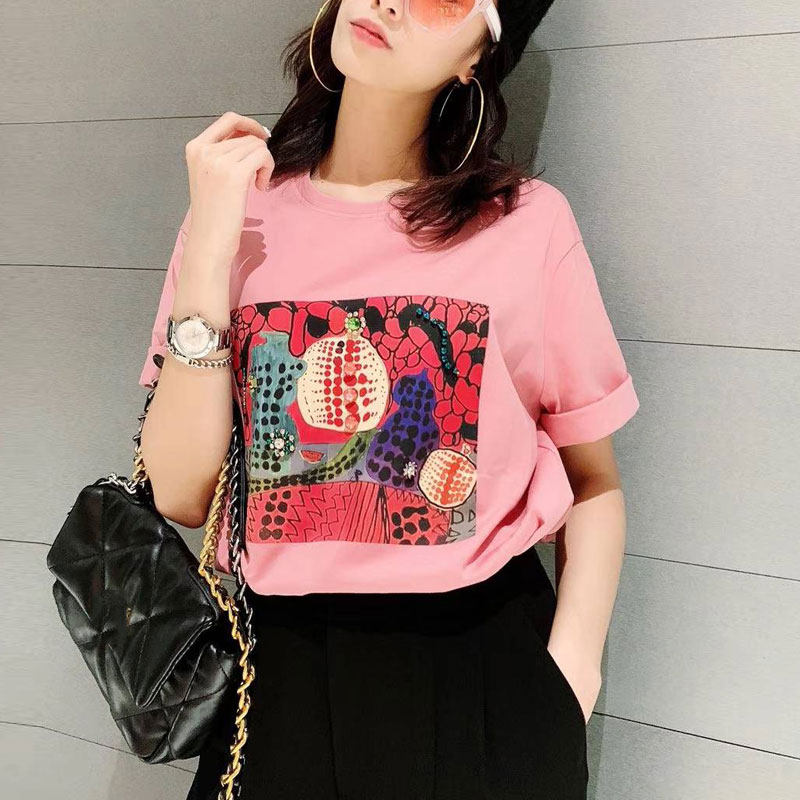 阿瑪施旗舰店官网2020夏款粉色印花镶钻短袖T恤女装大码宽松上衣