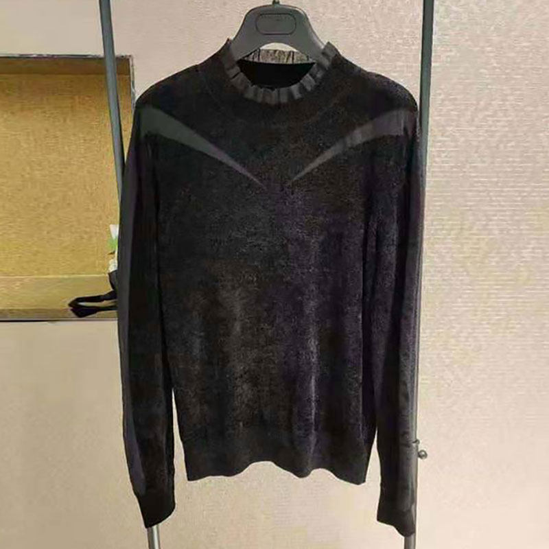 阿瑪施女装旗舰店官网2020早秋新款黑色天鹅绒打底衫网纱拼接上衣